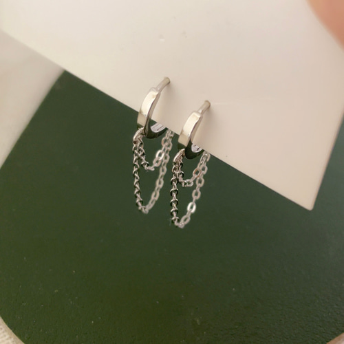 S925純銀製 2連のチェーン ミニフープピアス カジュアル シンプル  