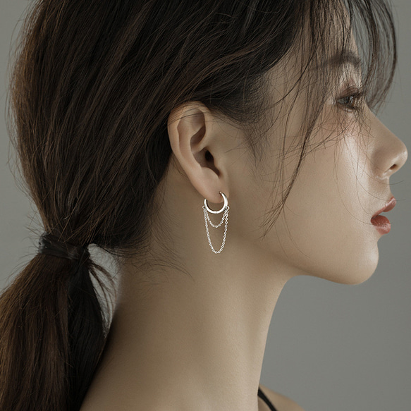 S925純銀製 2連のチェーン ミニフープピアス カジュアル シンプル  