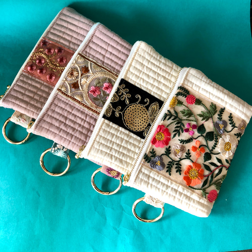 インド刺繍リボンフラットポーチイブルキルト