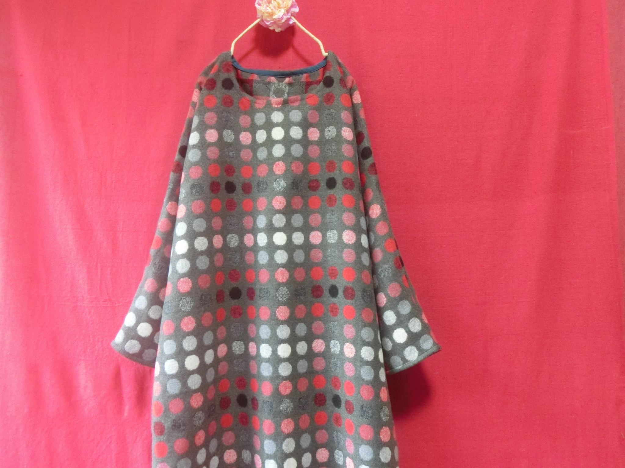 ウール混*カラフル水玉長袖ワンピース red