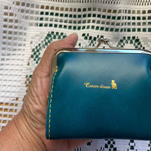 【新品 】牛革がま口財布 受注生産】牛革がま口財布 エメラルドグリーン 小銭入れ・コイン