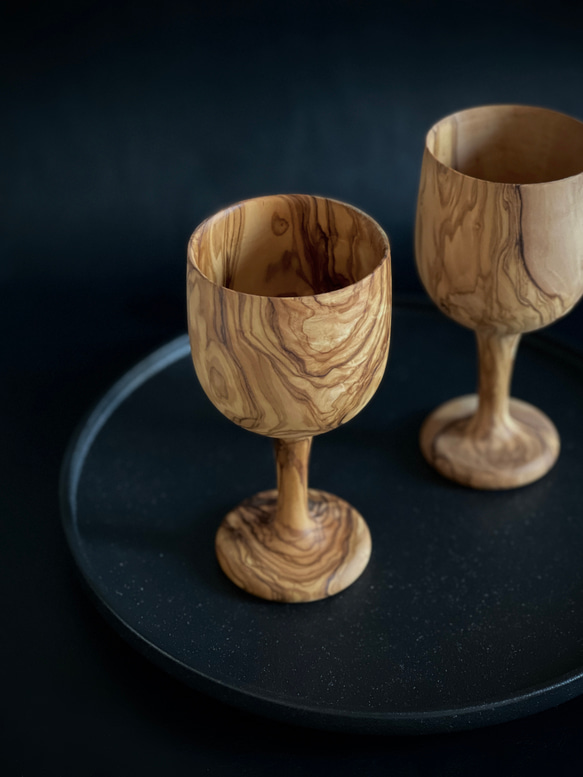 手工製橄欖木紅酒杯高腳杯 第3張的照片