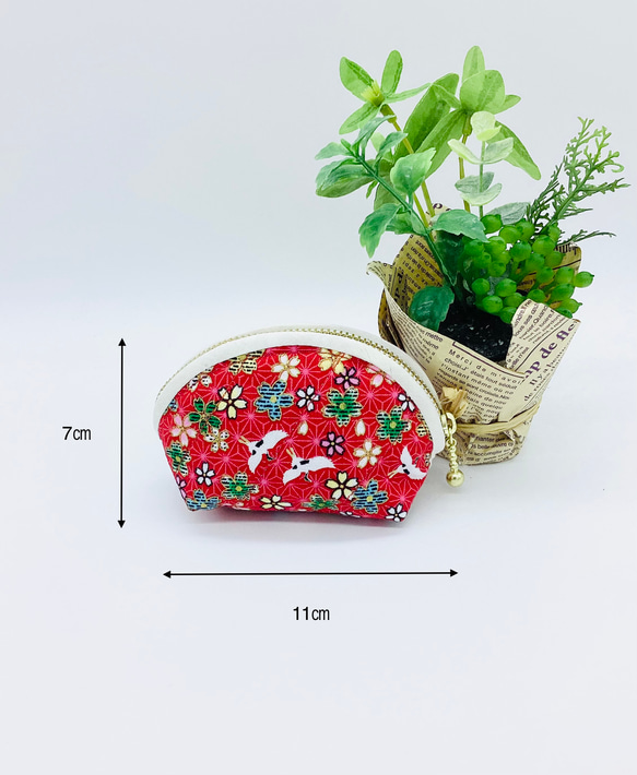 ミニポーチ☆鶴と富士山（赤）小銭入れ　イヤフォンケース 2枚目の画像