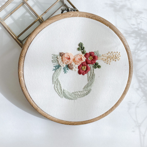 お正月］ボタニカルアート・しめ縄リースの刺繍フレーム タペストリー