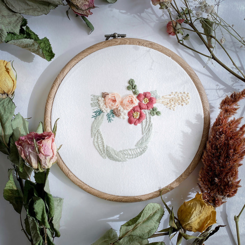 ハンドメイド手刺繍 刺しゅうフレーム きのこのリース ハンドメイド手