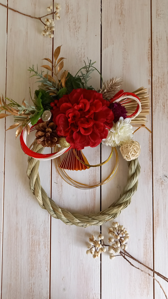 赤いダリアのしめ縄タッセル ♡ 紅白 ♡ お正月飾り 2023