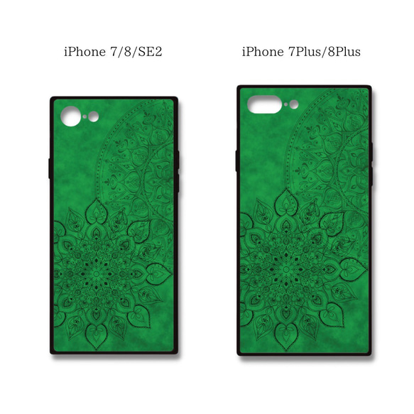 【iPhoneケース】スクエア型・耐衝撃スマホケース ✳︎ 森の緑 forest green・マンダラアート柄 7枚目の画像