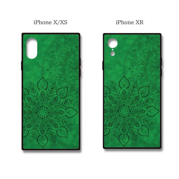 【iPhoneケース】スクエア型・耐衝撃スマホケース ✳︎ 森の緑 forest green・マンダラアート柄 6枚目の画像
