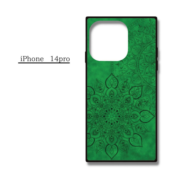 【iPhoneケース】スクエア型・耐衝撃スマホケース ✳︎ 森の緑 forest green・マンダラアート柄 5枚目の画像