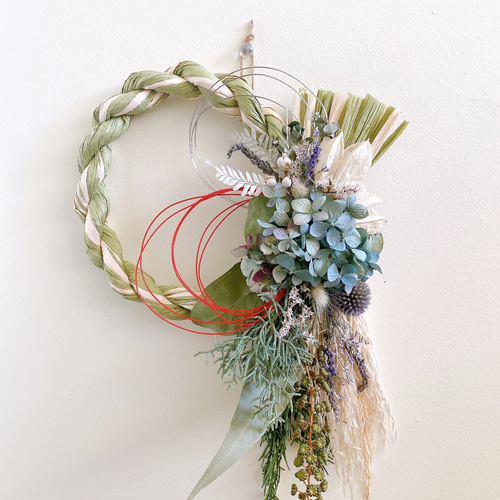 お正月飾り Blue秋色紫陽花 しめ縄 しめ飾り ドライフラワー しめ縄