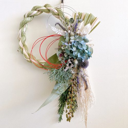 お正月飾り Blue秋色紫陽花 しめ縄 しめ飾り ドライフラワー しめ縄