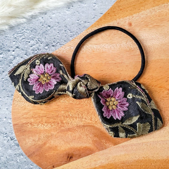 大人可愛いリボンヘアゴム☆インド刺繍リボン×ペタシャムリボンP544 大人可愛いリボンヘアゴム☆インド刺繍リボン×ペタシャムリボンP544