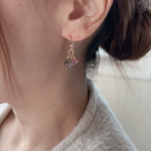 14kgf ウォーターメロントルマリンスライスカットピアス【イヤリング