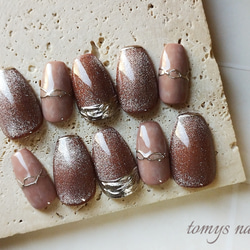 No.37/ネイルチップ ブラウンマグネットネイル ミラーフレンチ ネイル  