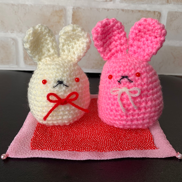 あみぐるみ♪毛糸で編んだうさぎちゃん置物 鏡餅 パンダの時間
