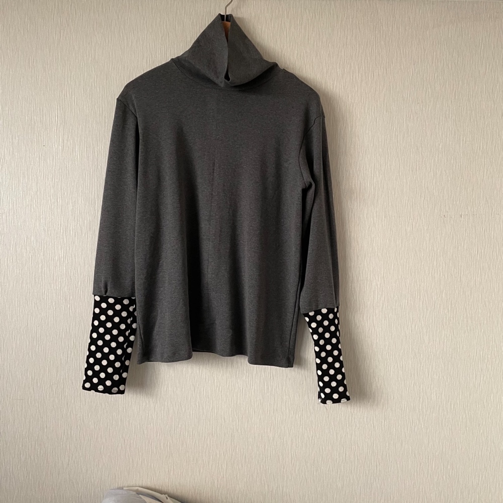 手袋付き長袖タートルカットソー杢グレー×黒白水玉柄Ｆ