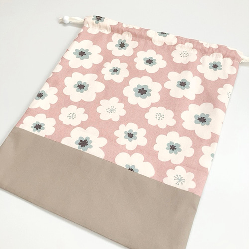 サイズが選べる巾着袋（大) 北欧 花 くすみピンク [受注製作] 体操服袋