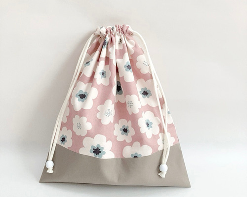 サイズが選べる巾着袋（大) 北欧 花 くすみピンク [受注製作] 体操服袋