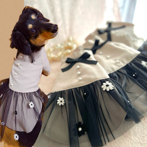 犬ドレス】イタリア小花付き チュールスカート パール飾り 