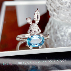 「うさぎ」K18 1.23ct天然サンタマリアアクアマリン　天然ダイヤモンド　リング　和名藍玉 3月誕生石　可愛い　干支 2枚目の画像