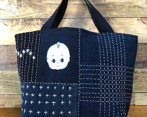 古布パッチワーク刺し子かばん 正藍染抜染 キューピット トートバッグ
