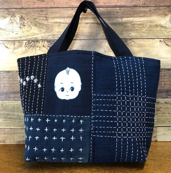古布パッチワーク刺し子かばん 正藍染抜染 キューピット トートバッグ