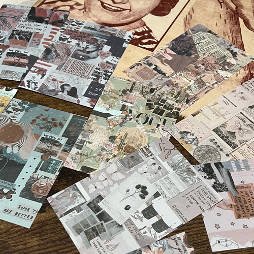 コラージュ作品　ミニアート カラフルでミニサイズの小鳥たちのコラージュ作品 お家に1羽