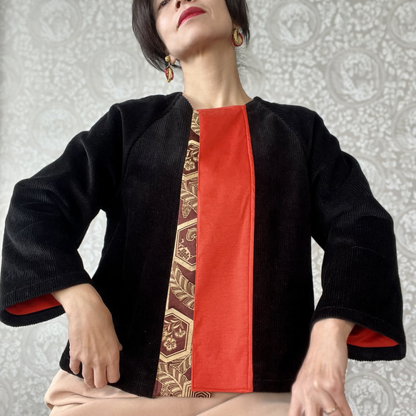 人気シリーズの再再販 コーデュロイ & アンティーク着物帯 オリエンタルショートコート 4枚目の画像