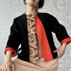 人気シリーズの再再販 コーデュロイ & アンティーク着物帯 オリエンタルショートコート 5枚目の画像