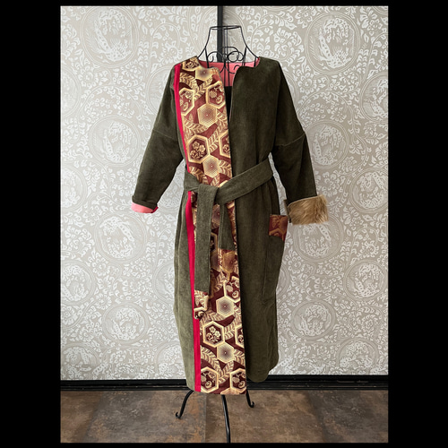 一点モノ 大人色 コーデュロイ & アンティーク着物帯 オリエンタル  