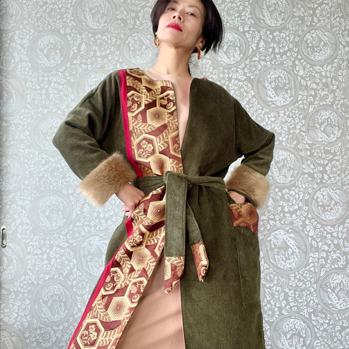 一点モノ 大人色 コーデュロイ & アンティーク着物帯 オリエンタル  
