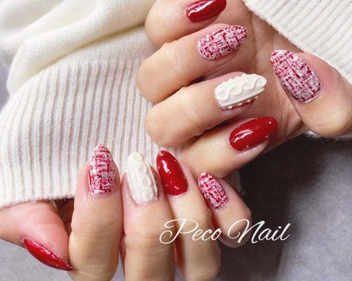 【No.031】ネイルチップ♡ニットネイル♡赤ネイル♡ツイード♡ボルドー 8ed638cffc8194bcdd7c41756b1364