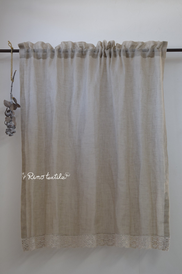 リネンカフェカーテン 裾ボビンレース付き