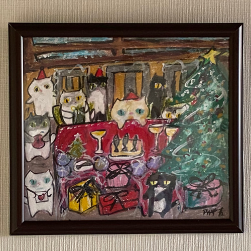 絵画 。壁掛け絵☆【猫ちゃんたちの幸せなクリスマスパーティー】05