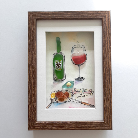 〈赤ワインとお肉〉シーグラスアート 6枚目の画像