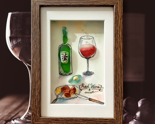 〈赤ワインとお肉〉シーグラスアート