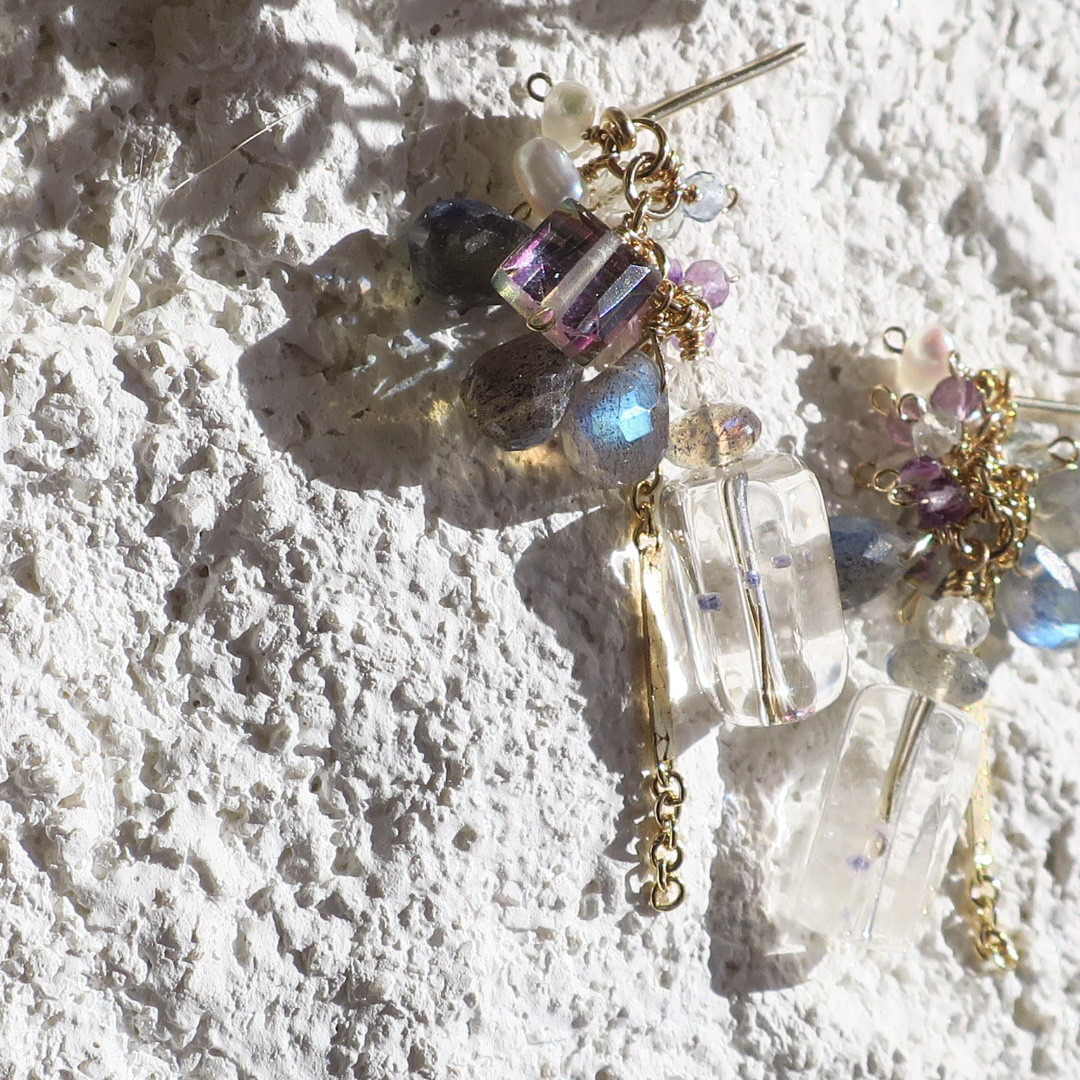 14kgf 希少！フローライトインクォーツ他使用 ポストピアス