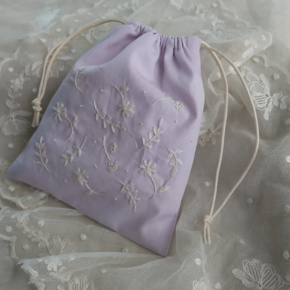 野の花*手刺繍*巾着*ポーチ*ライラック 5枚目の画像