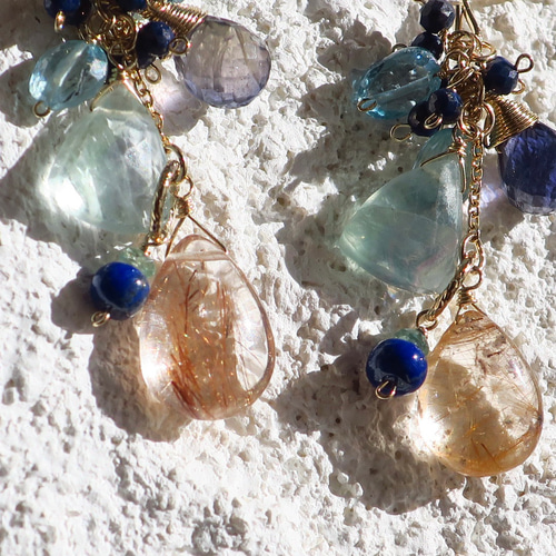 フローライト・ルチルクォーツ・ムーンストーンの14kgfピアス ルチル