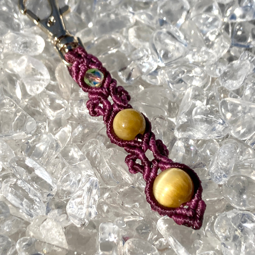 天然石のマクラメ編みキーホルダー【長い花瓶】パープル系・タイガー