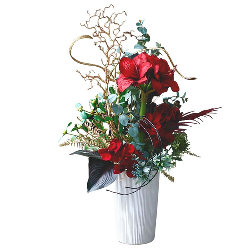アンティークレッド×ゴールド花器の豪華アレンジメント／秋・クリスマス・お正月 アンティークレッド×ゴールド花器の豪華アレンジメント／秋