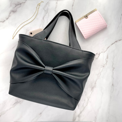 送料無料】大人のリボントートバッグ /フェイクレザー/ブラック トート