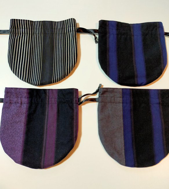 小倉織　丸い巾着　ポーチ　③紫切り替えの縞柄 3枚目の画像