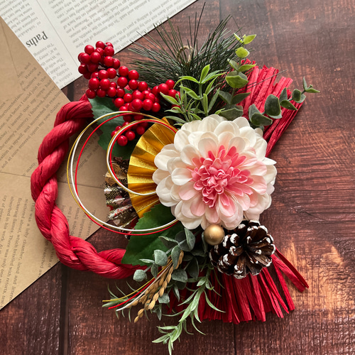 しめ飾り正月リースしめ縄フラワーリース☆*White✖︎Red