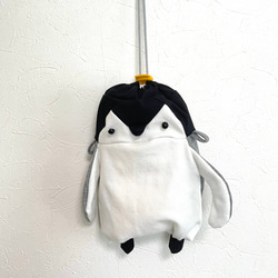 旅するよちよちペンギン　　杢グレーニット×起毛白ニット巾着　限定1 1枚目の画像