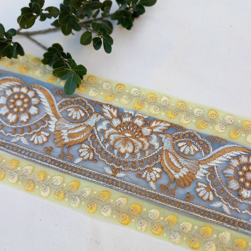 刺繍リボン インド刺繍リボン no.190 (25cm・鳳凰・孔雀・鳥・ボタニカル