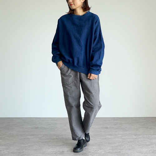 福袋】刺し子織ラウンドトレーナー/ネイビー＋スッキリサルエルパンツ