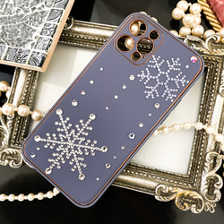 Phone 15pro,14,13,12他 くすみブルー 雪の結晶スワロフスキー デコレーション　ゴールドライン　スノー 3枚目の画像