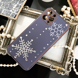 Phone 15pro,14,13,12他 くすみブルー 雪の結晶スワロフスキー デコレーション　ゴールドライン　スノー 13枚目の画像