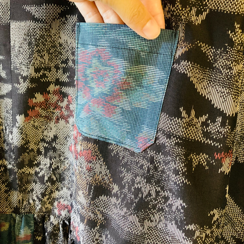 泥染大島紬＋亀甲大島紬 バイアス仕立て パッチワーク ロング